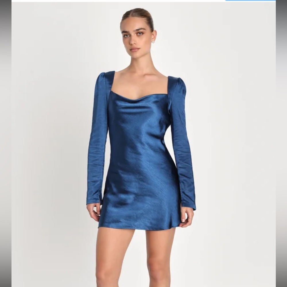 Lulus Dark Blue Satin Open Back Dress - Picture 1 of 7